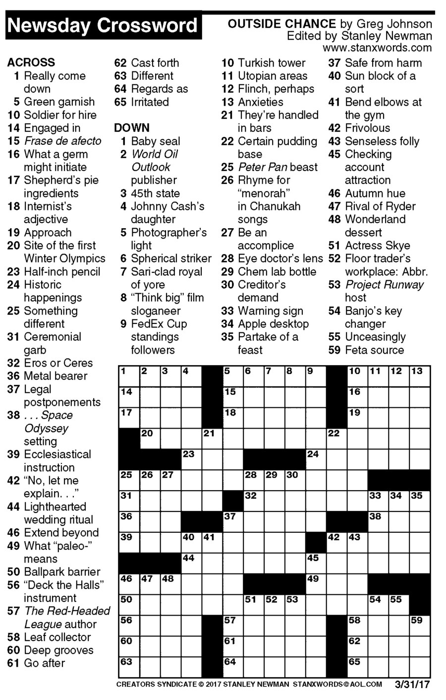 Newsday Crossword Puzzle For Mar 31, 2017,stanley Newman - Printable Crossword Newsday