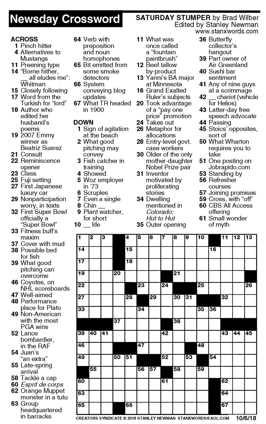 Newsday Crossword Puzzle For Oct 06, 2018,stanley Newman - Printable Crossword Newsday