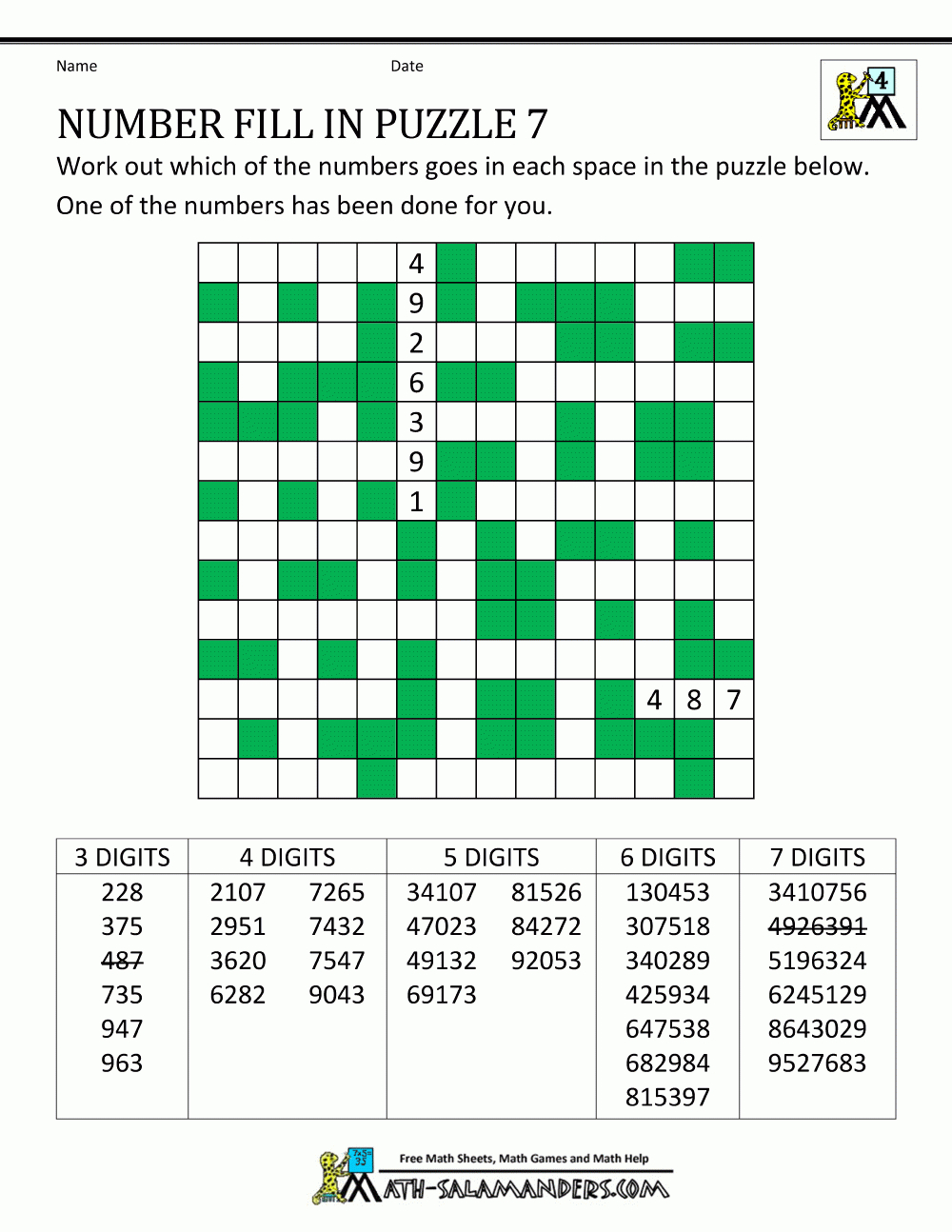 Number Fill In Puzzles - Free Printable Crossword Puzzle #1 Answers