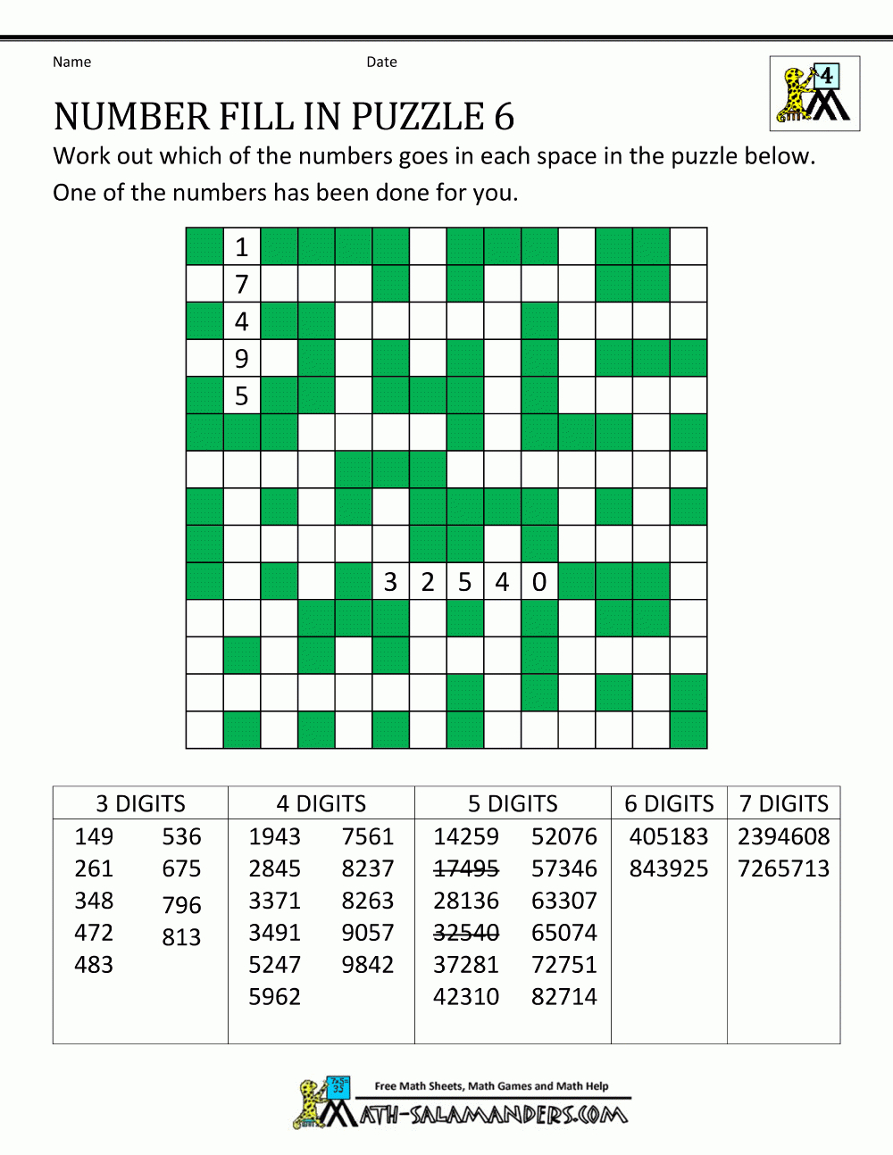 Number Fill In Puzzles - Printable Crossword #5 - Printable Crossword