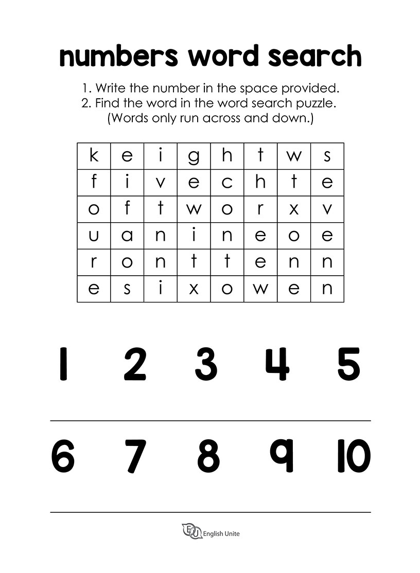 Numbers 1 - 10 Word Search Puzzle - English Unite - Printable Number Puzzles 1-10