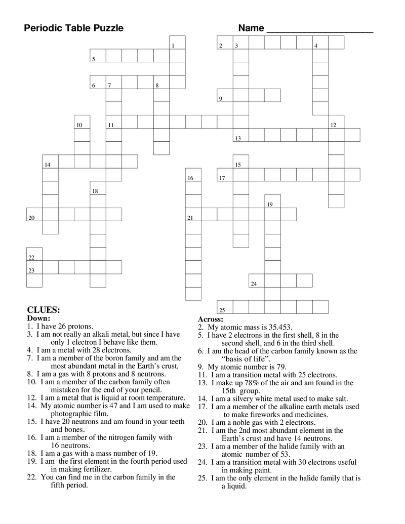 Periodic Table Crossword Puzzle | Teaching Resources | Crossword - Crossword Puzzle Chemistry Printable