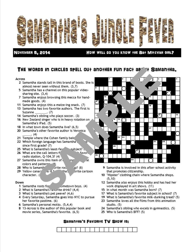 Personalized Printable Custom Crossword Puzzles For Teens. | Etsy - Printable Crossword #3