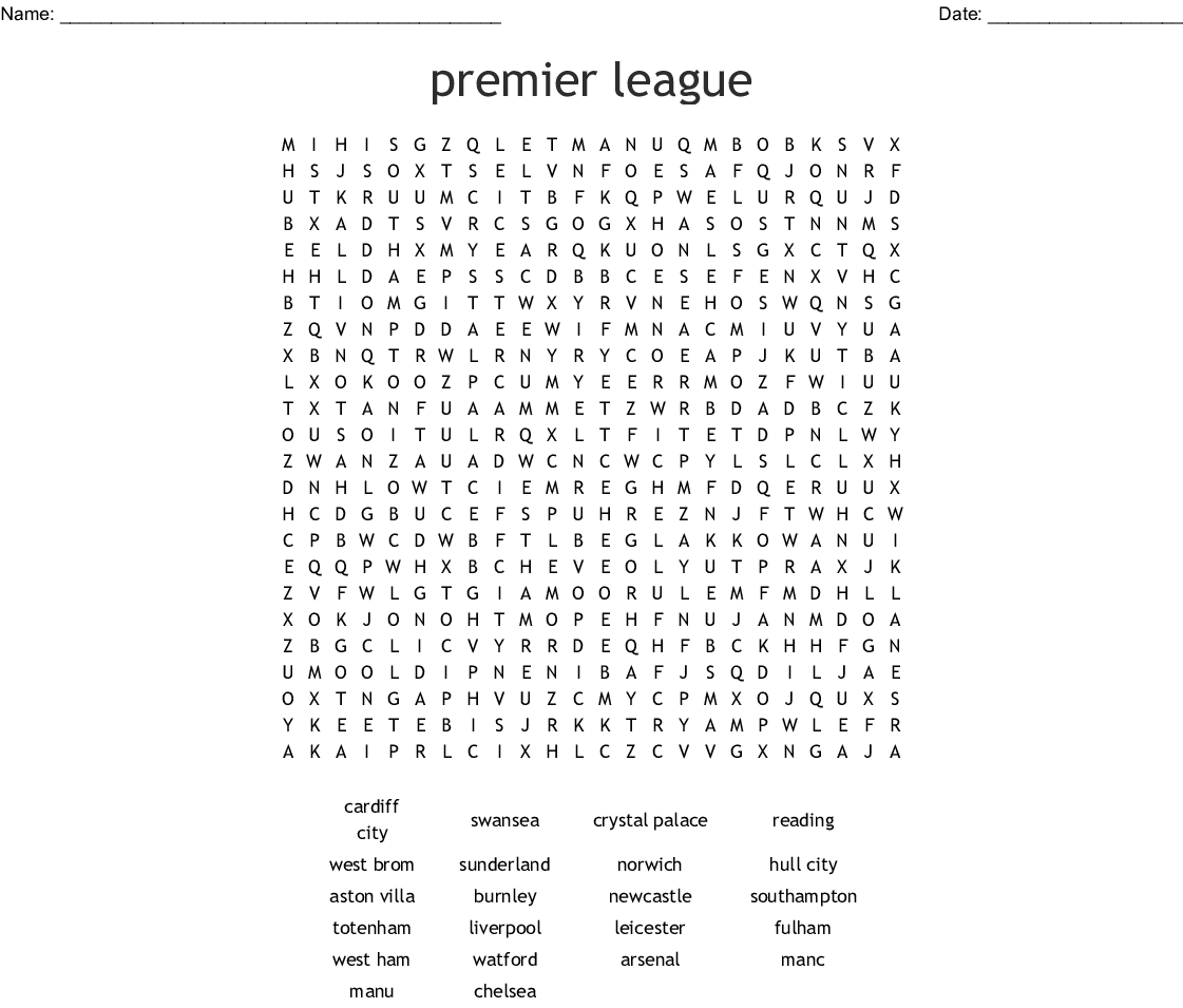 Premier League Word Search - Wordmint - Printable Premier Crossword Puzzle