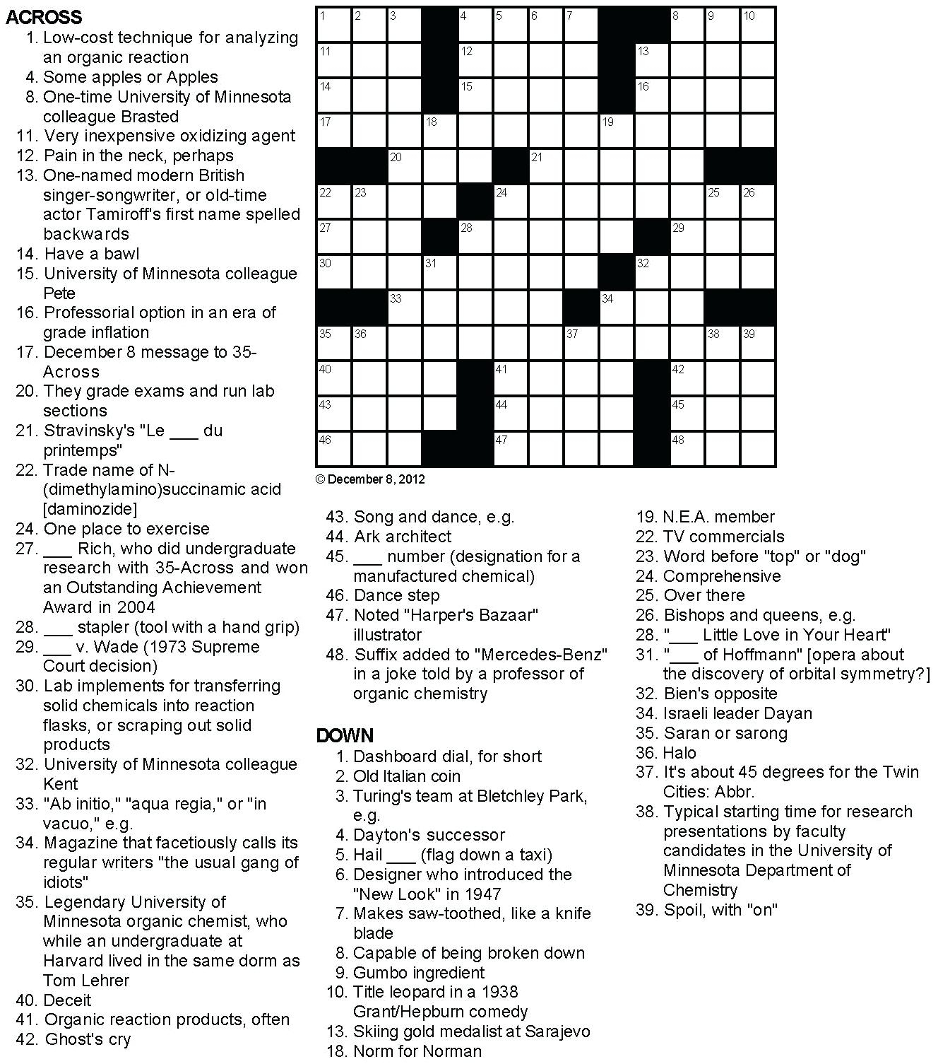 Printable Crossowrd Puzzles Chemistry Tribute Crossword Puzzle Chem - Crossword Puzzles And Answers Printables