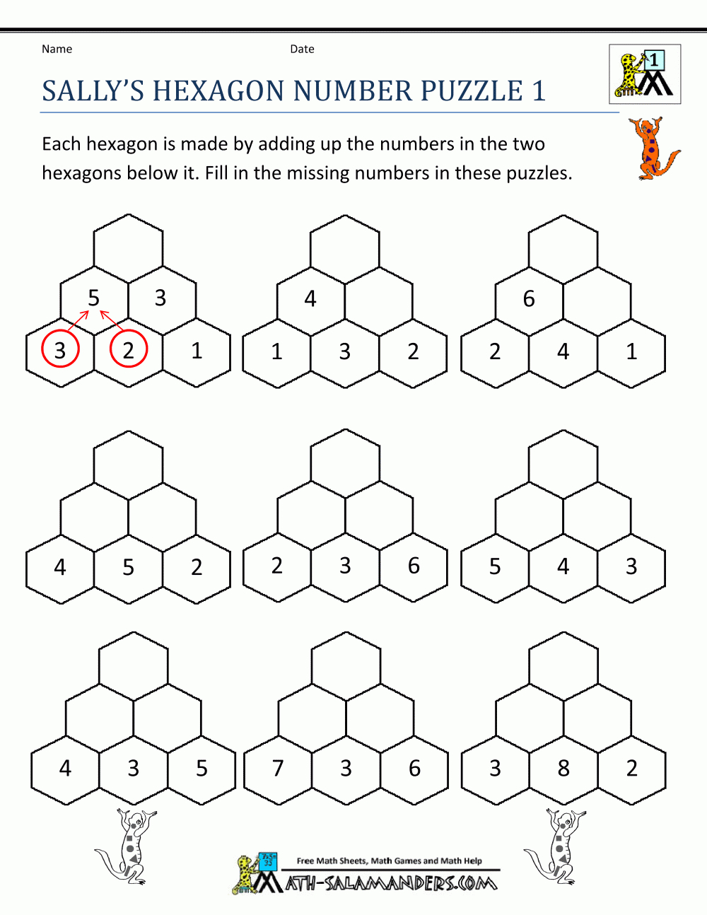 Printable-Math-Puzzles-Sallys-Hexagon-Number-Puzzle-1.gif (1000×1294 - Printable Addition Puzzles