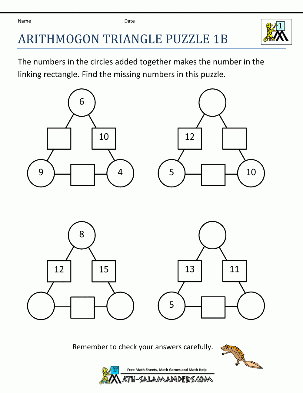 Printable Number Puzzles Arithmogon Triangle Puzzle 1B | Math - Printable Triangle Puzzle