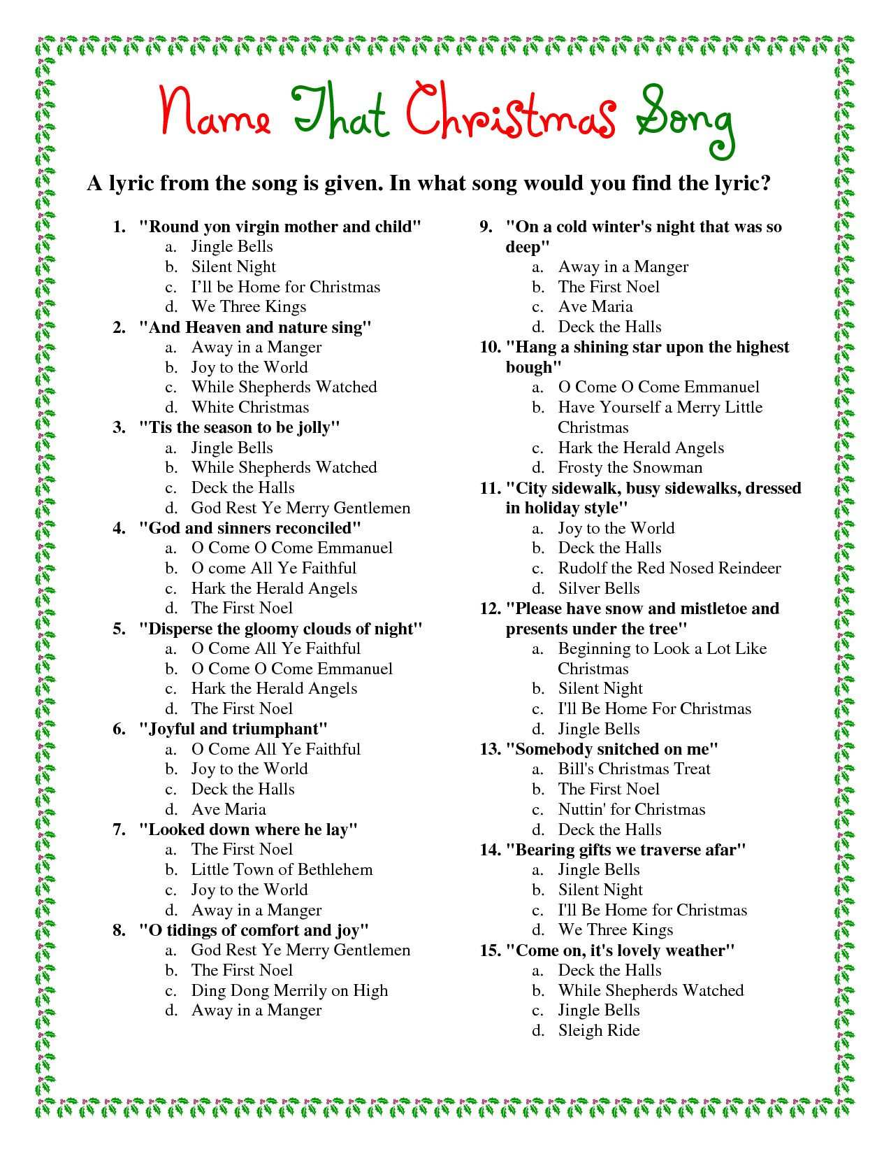 Printable+Christmas+Song+Trivia | Christmas Trivia | Christmas - Printable Trivia Puzzles