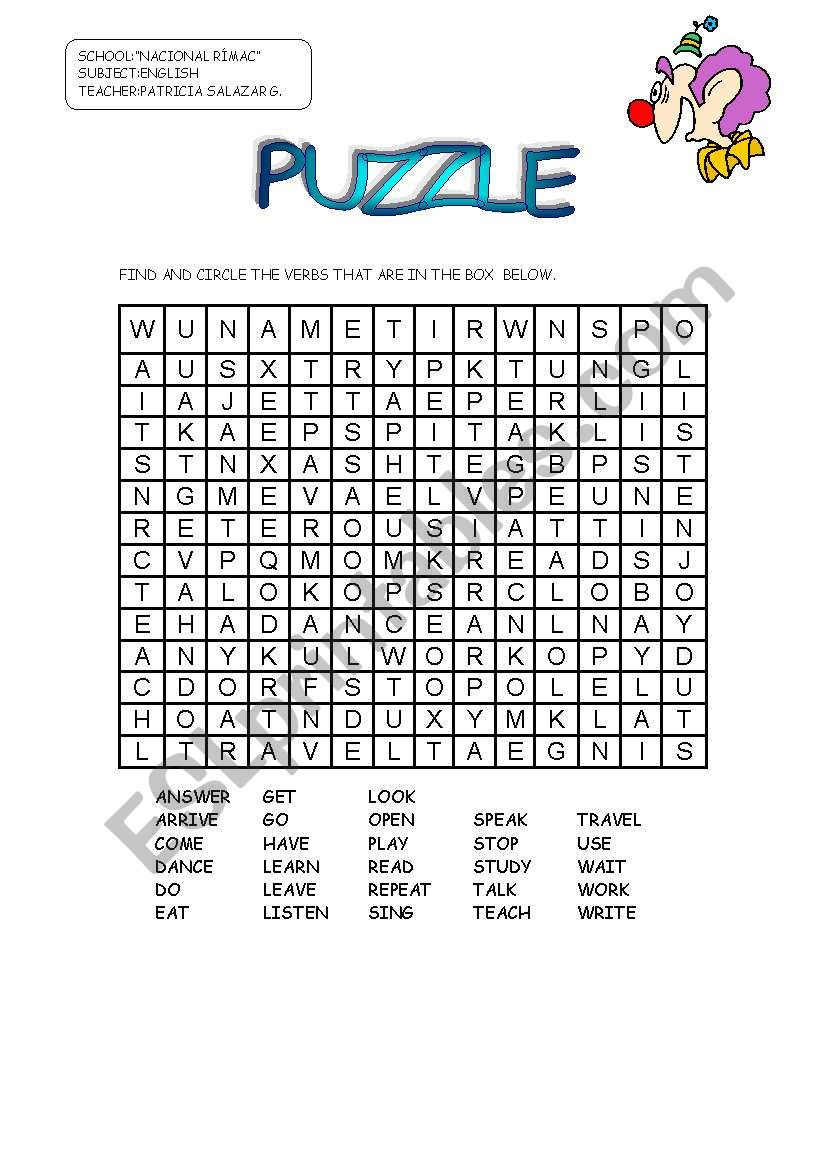 Puzzle Verbs - Esl Worksheetpatricia Elvira - Worksheet Verb Puzzle
