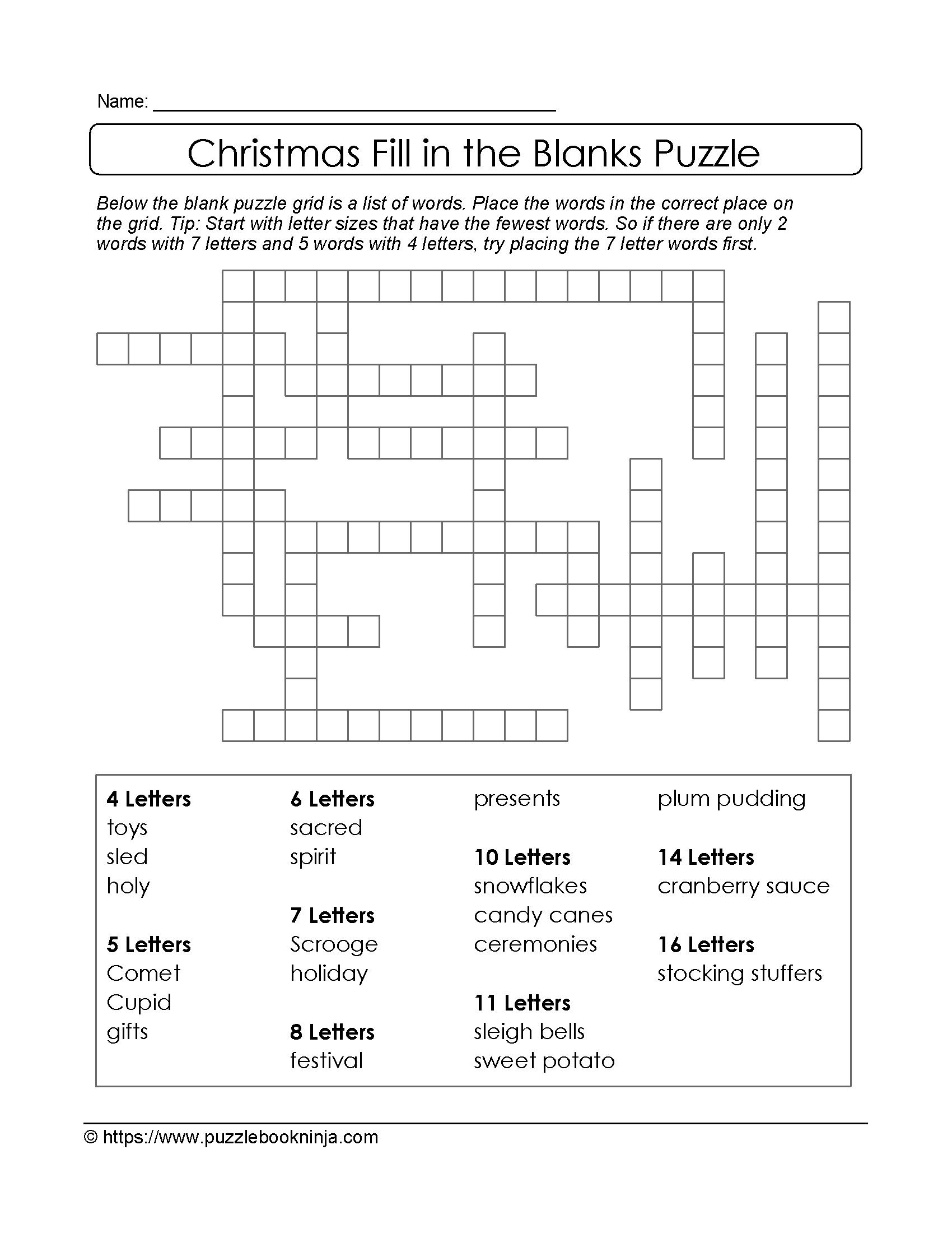Puzzles To Print. Free Xmas Theme Fill In The Blanks Puzzle - Printable Holiday Puzzle