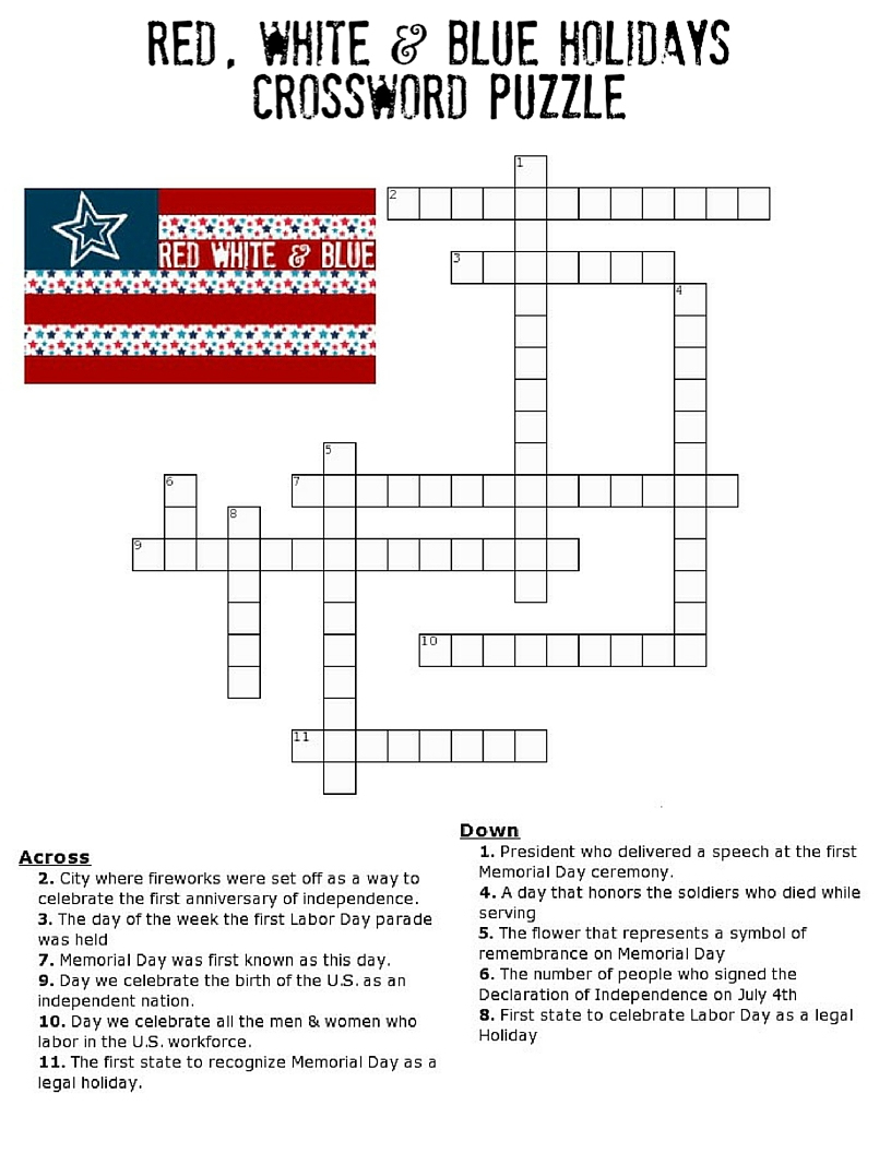 Red, White And Blue Holidays Crossword Puzzle - Three Kids And A Fish - Printable Crossword Puzzle Of The Day