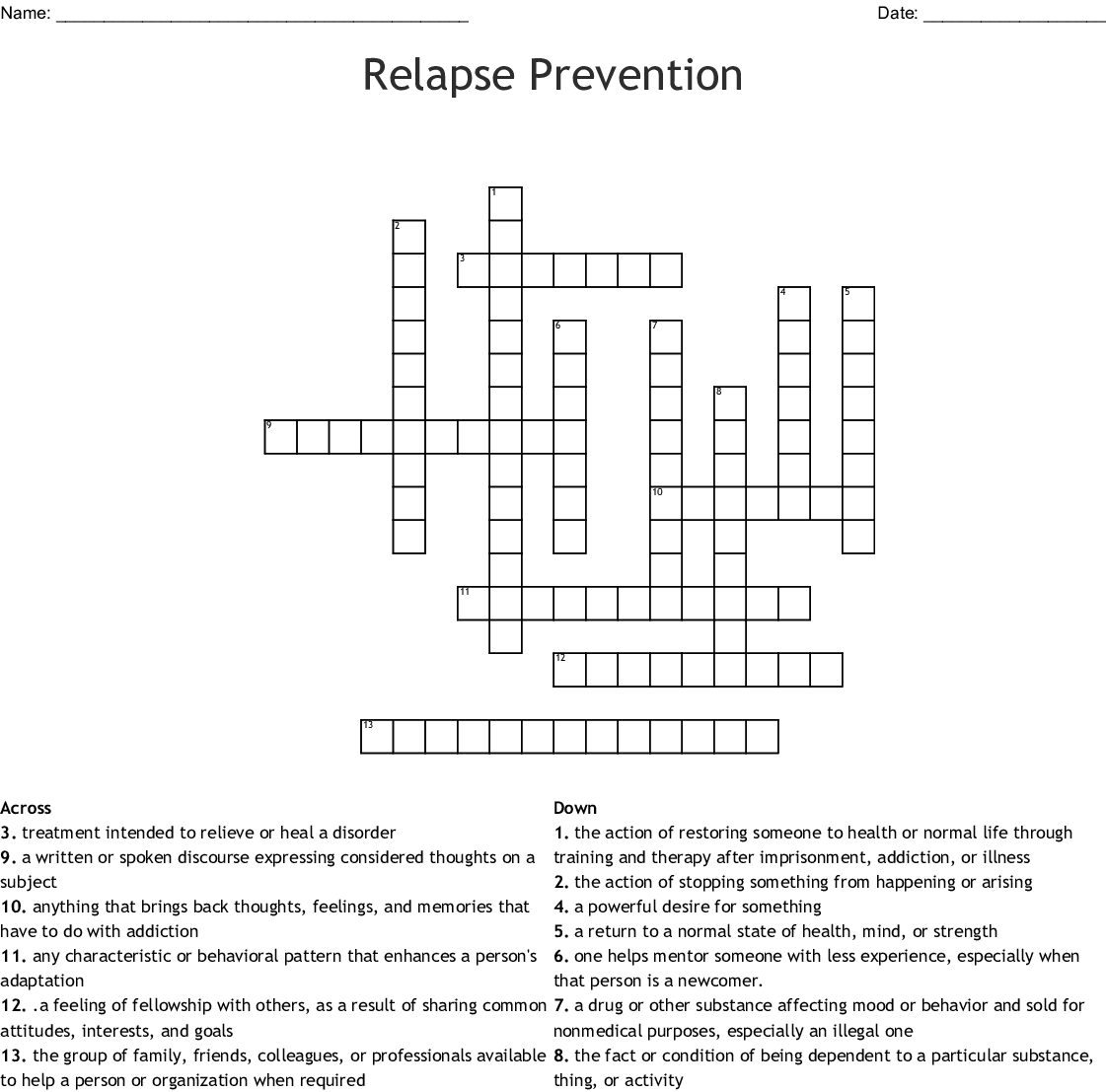 Relapse Prevention Crossword - Wordmint - Free Printable Recovery Crossword Puzzles