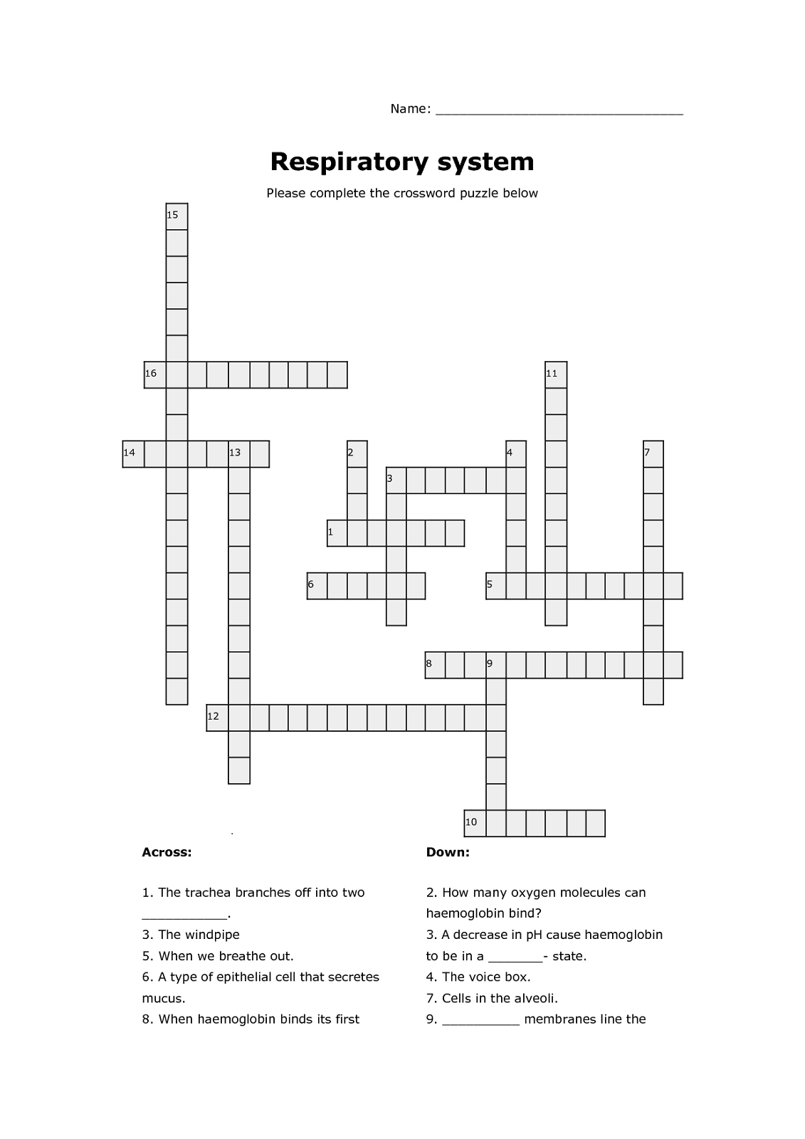 Respiratory System Crossword Puzzle | Educative Puzzle For Kids - Respiratory System Crossword Puzzle Printable