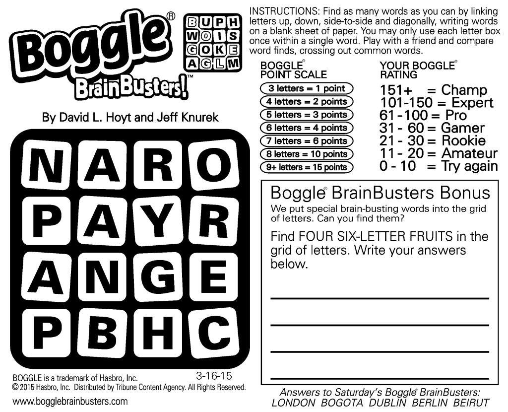 Sample Of Daily Square Boggle Brainbusters | Tribune Content Agency - Printable Boggle Puzzles