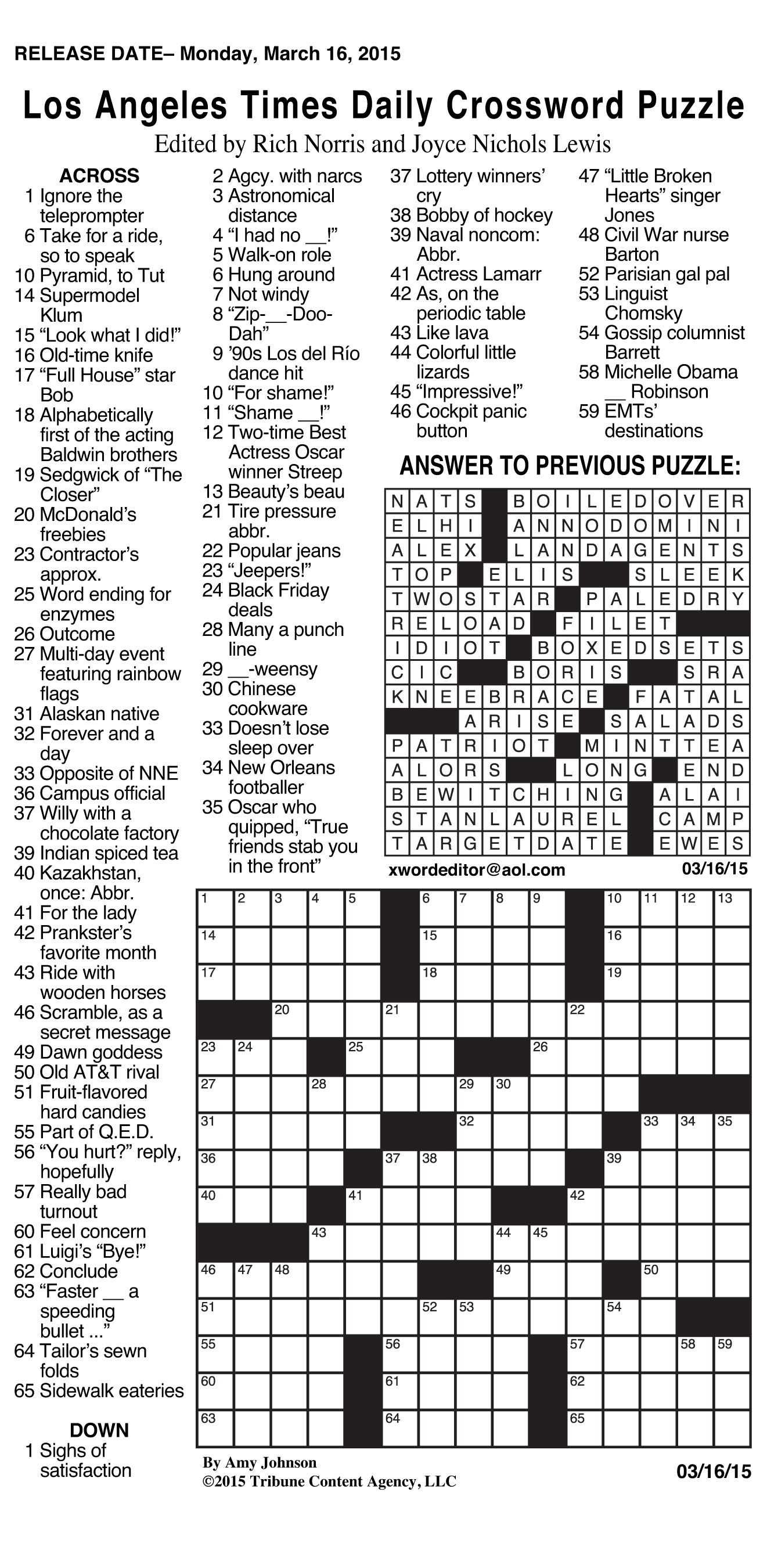 Sample Of Los Angeles Times Daily Crossword Puzzle | Tribune Content - Chicago Sun Times Crossword Puzzle Printable
