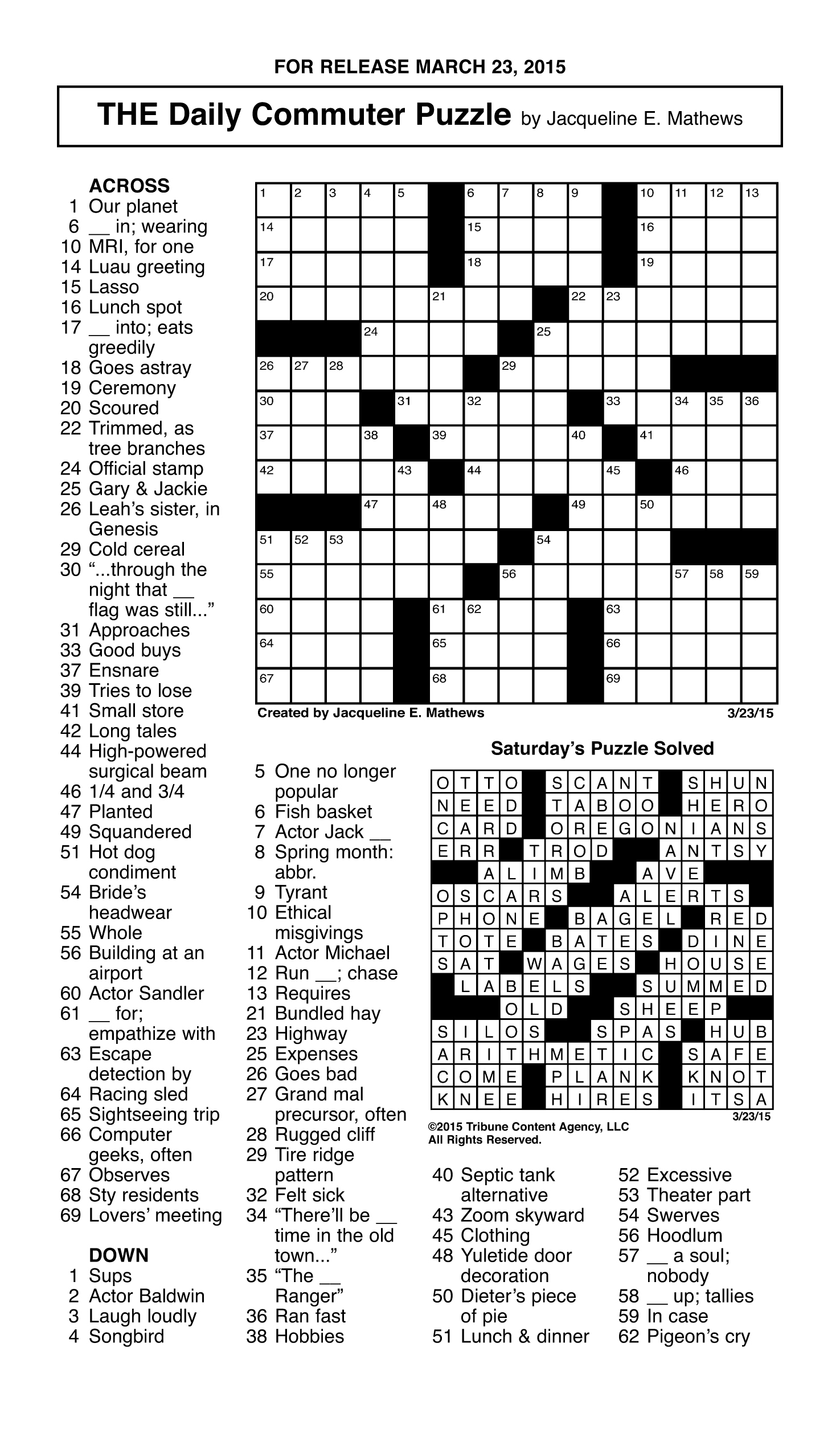Sample Of The Daily Commuter Puzzle | Tribune Content Agency (March - Printable Commuter Crossword Puzzle