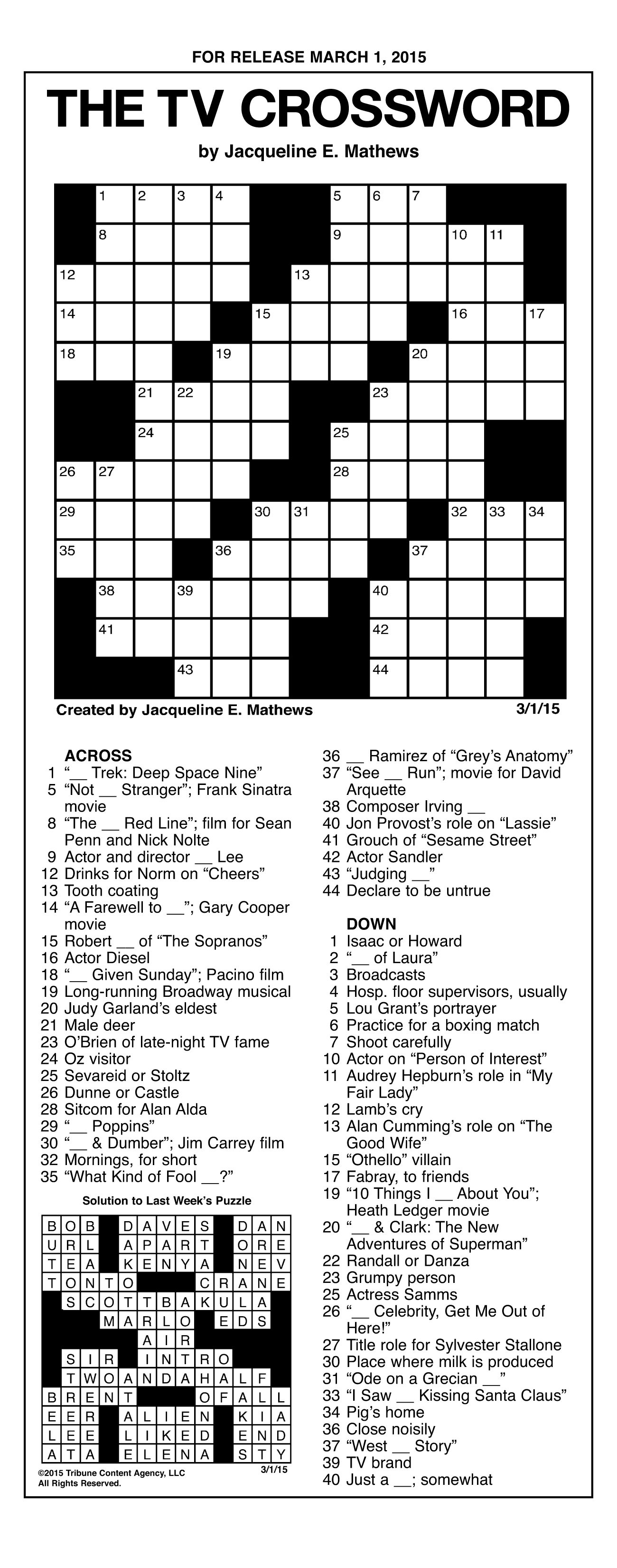Sample Of The Tv Crossword | Tribune Content Agency (March 1, 2015) - 90S Crossword Puzzle Printable