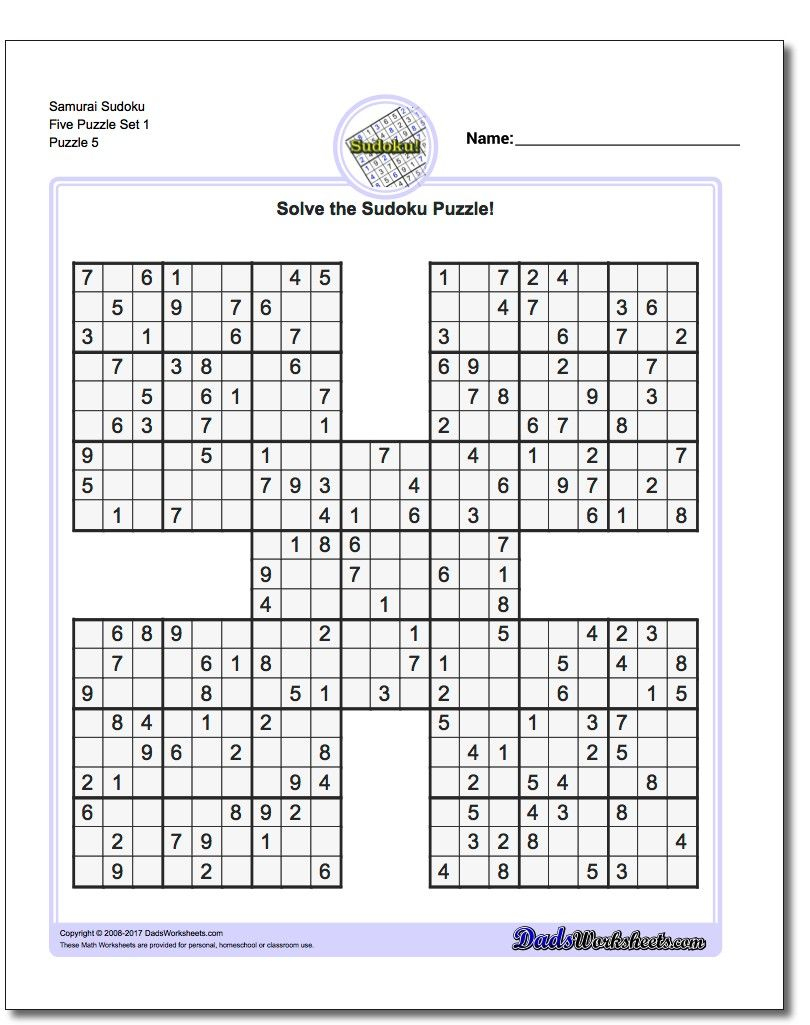 Samurai Sudoku Five Puzzle Set 1 #sudoku #worksheet | High Five - Printable Puzzle Answers