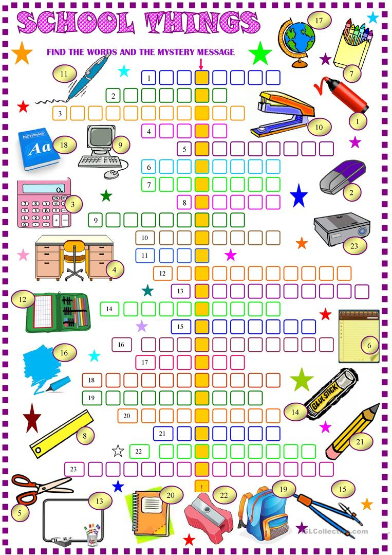 School Things : Crossword Puzzle With Key Worksheet - Free Esl - High School English Crossword Puzzles Printable