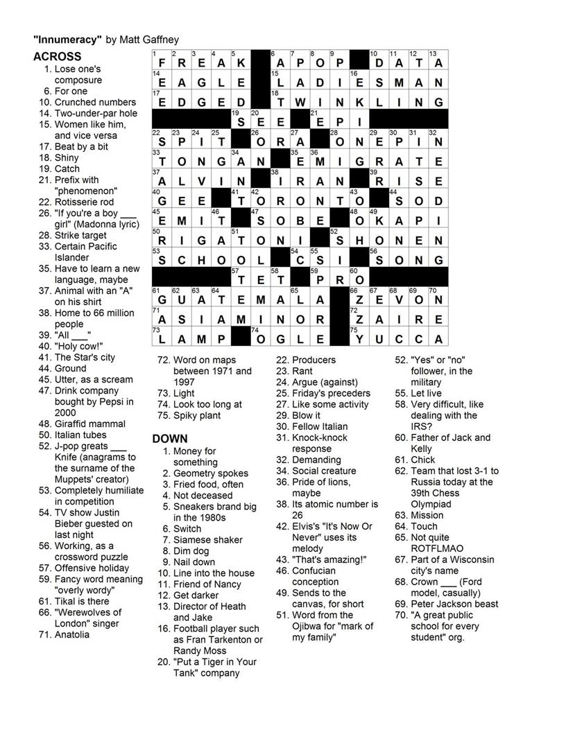 September | 2010 | Matt Gaffney&amp;#039;s Weekly Crossword Contest - Printable Crossword Puzzles 2010