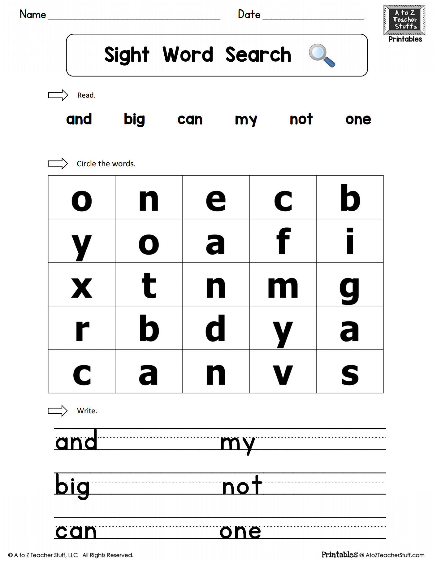 Sight Words Practice Word Search: And, Big, Can, Why, Not, One | A - Printable Puzzle For 4 Year Old