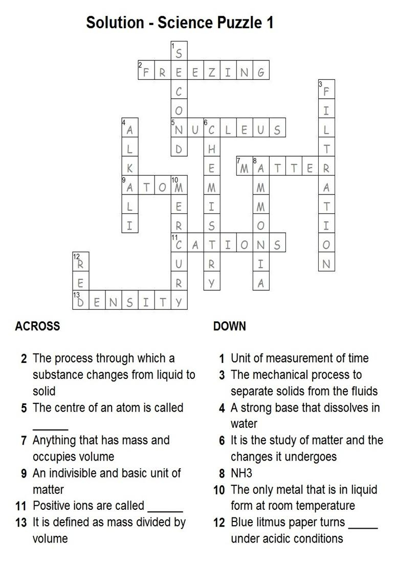 Solution - Science Puzzle 1 - Science Crossword Puzzles Printable With Answers