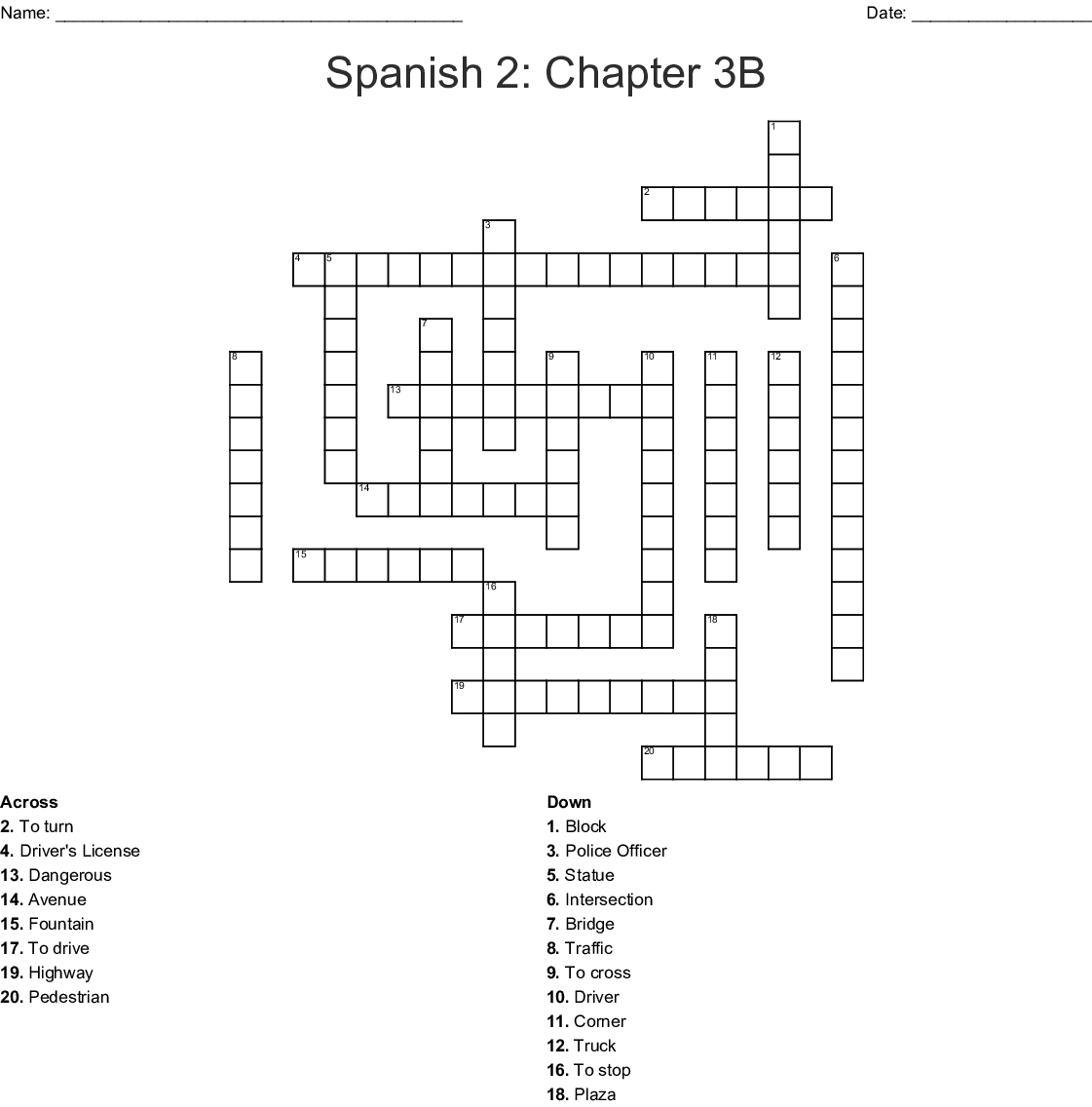 Spanish 2 Chapter 3B Crossword Wordmint Printable Spanish 