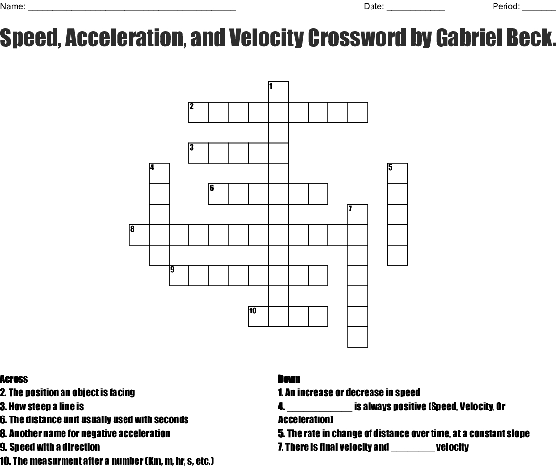 Speed, Acceleration, And Velocity Crosswordgabriel Beckett - Printable 2 Speed Crossword