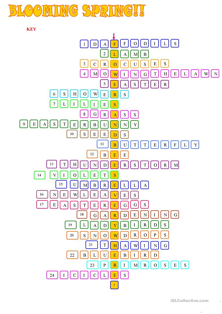 Spring :crossword Puzzle With Key Worksheet - Free Esl Printable - Printable Crossword Puzzles Spring