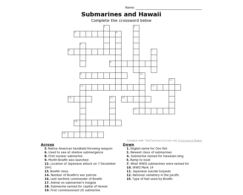 Submarine Printable Crossword Puzzle For All Ages! Whether You Have - Printable Crosswords For 14 Year Olds