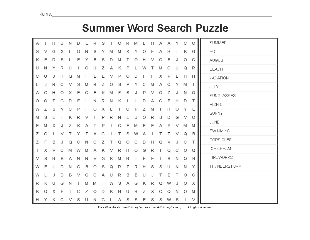 Summer Worksheets: Summer Word Search Puzzle - Primarygames - Play - Printable Puzzles Worksheets