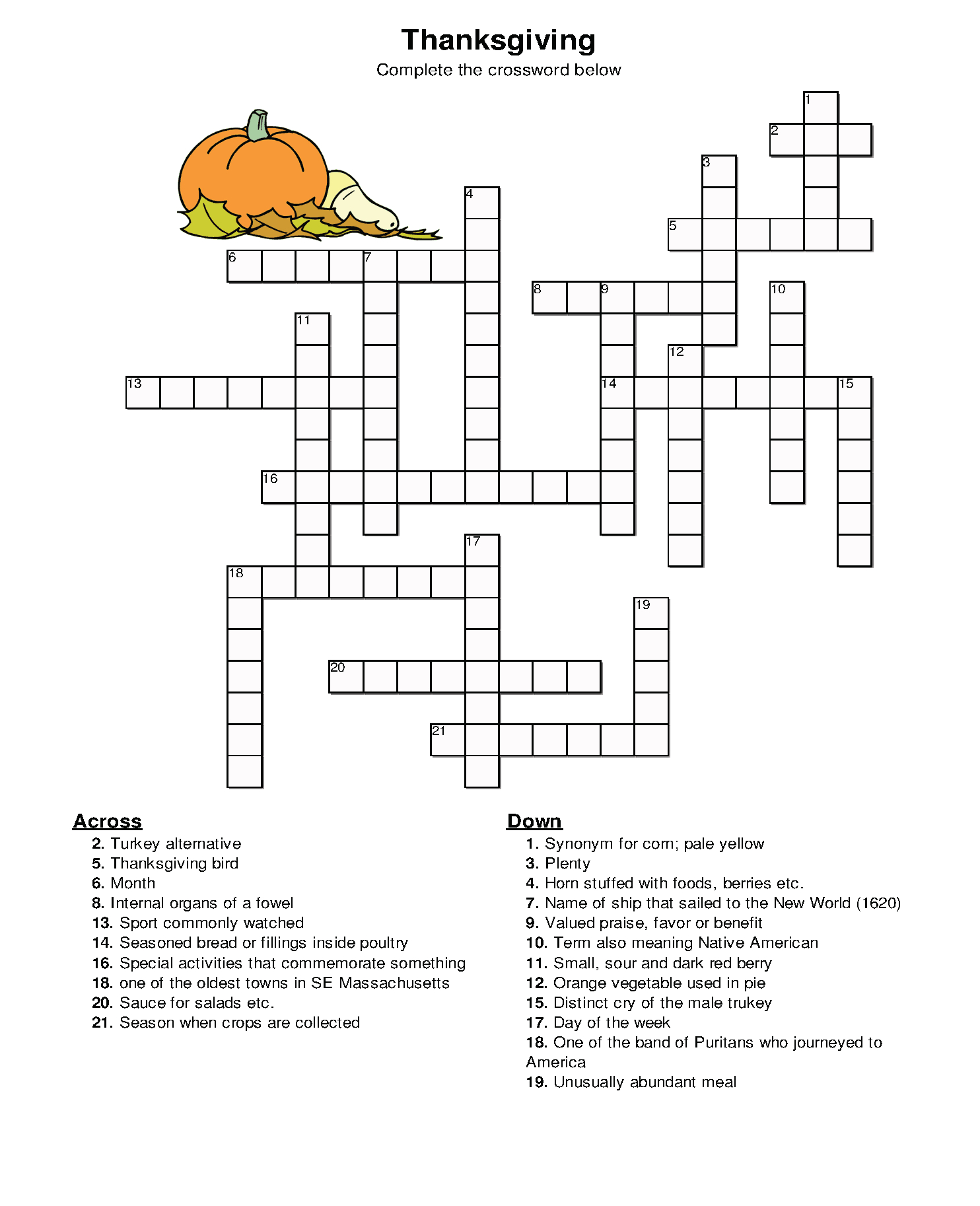 Thanksgiving Crossword Puzzle - Best Coloring Pages For Kids - Free Printable Crossword Puzzles Thanksgiving
