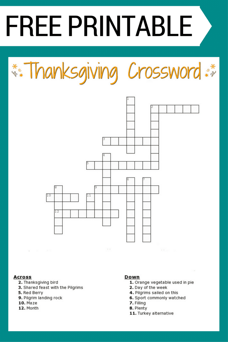 Thanksgiving Crossword Puzzle Free Printable - Printable Crossword Puzzles For Elementary Students