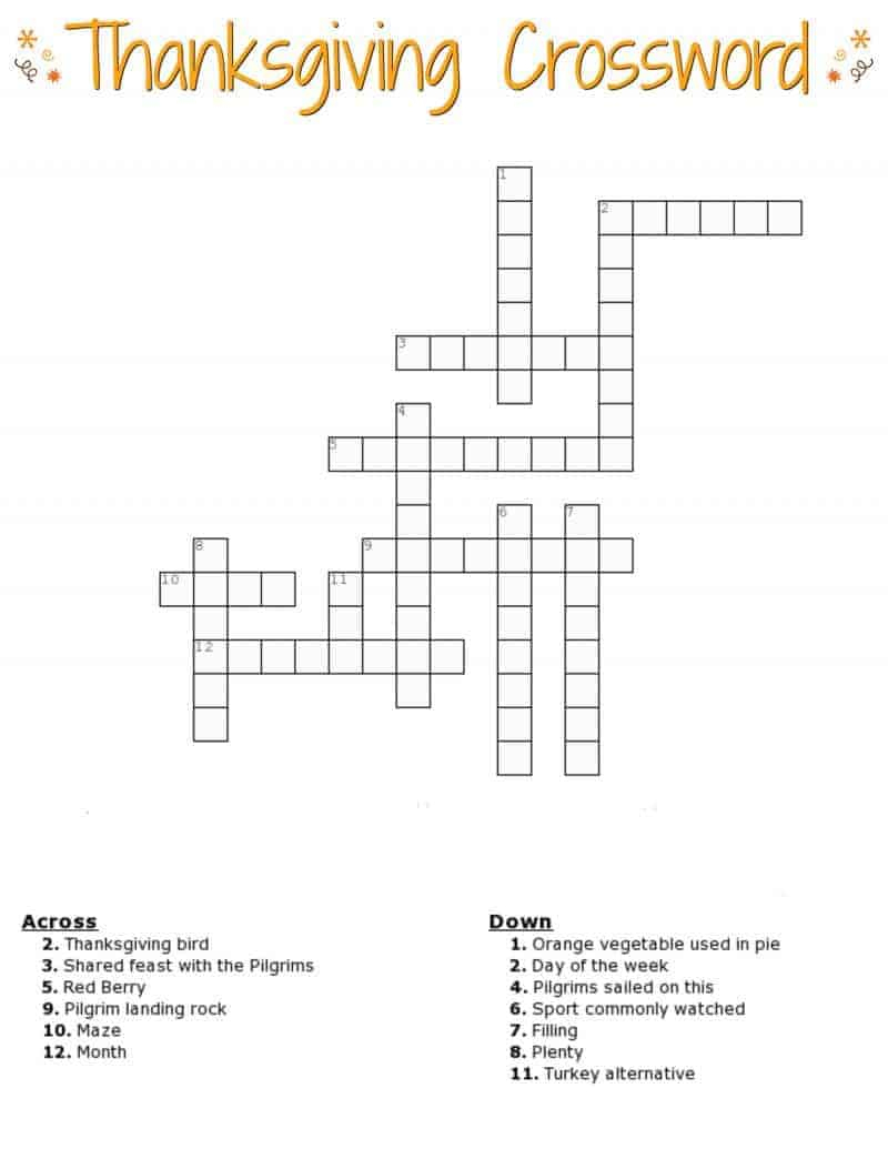 Thanksgiving Crossword Puzzle Free Printable - Printable Crossword Puzzles With Word Bank