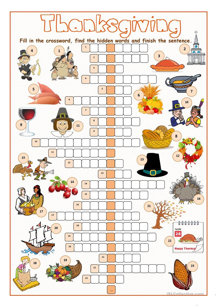 Thanksgiving Crossword Puzzle Worksheet - Free Esl Printable - Printable Crossword Puzzles For Thanksgiving