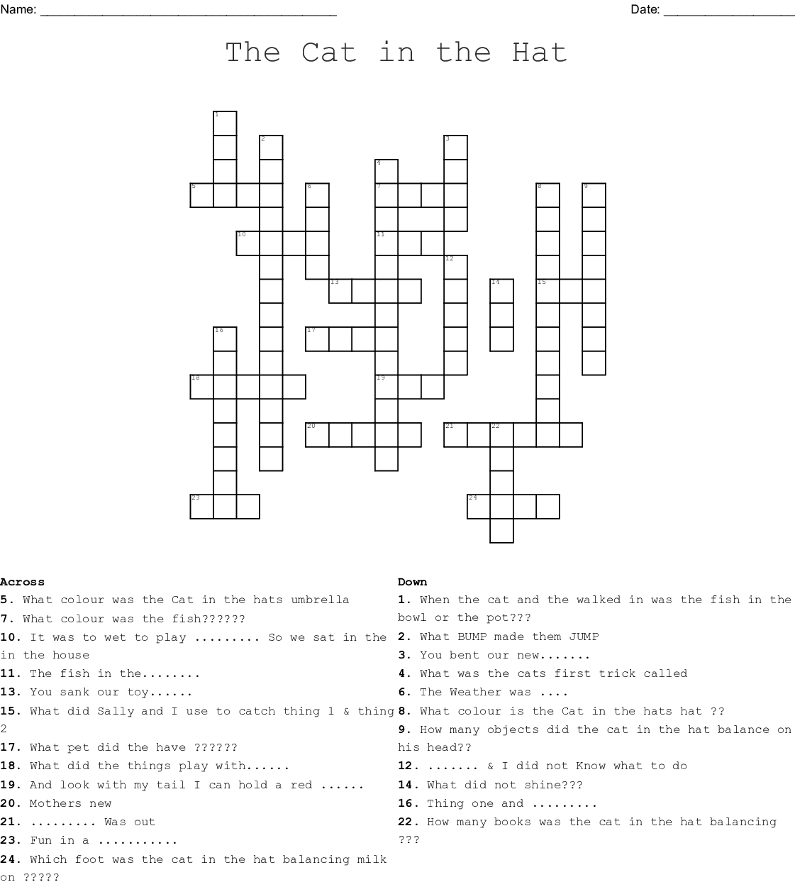 The Cat In The Hat Crossword - Wordmint - Dr Seuss Crossword Puzzle Printable