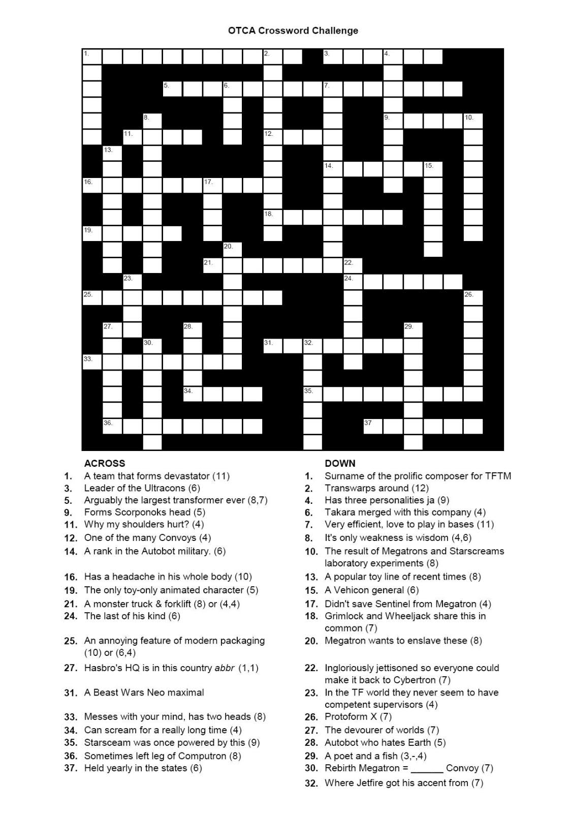 The Great Tf Crossword Puzzle - Ozformers Transformers Club Of - Printable Crossword Australia