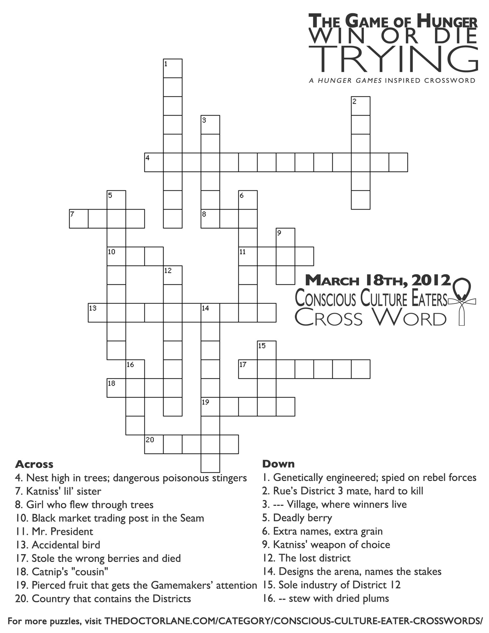 The Hunger Games Crossword *2 Is Rue&amp;#039;s District 11 Mate, Hard To - Hunger Games Crossword Puzzle Printable