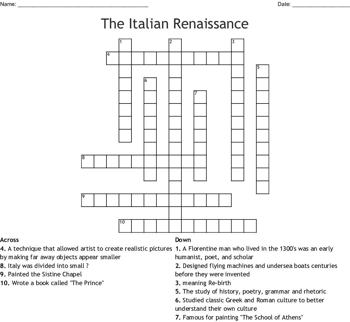 The Italian Renaissance Crossword - Wordmint - Free Printable Italian Crossword Puzzles