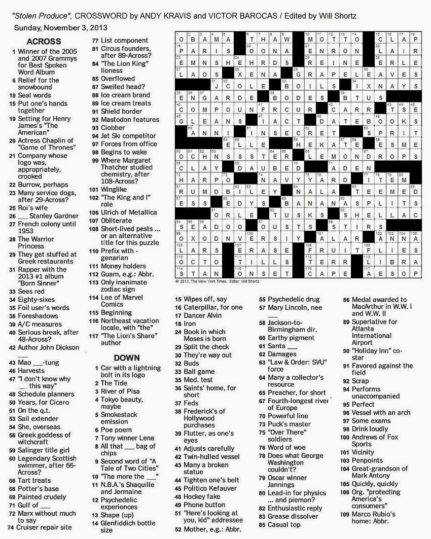 The New York Times Crossword In Gothic: 11.03.13 — Fruit Flies - Printable Crossword Puzzles 2013