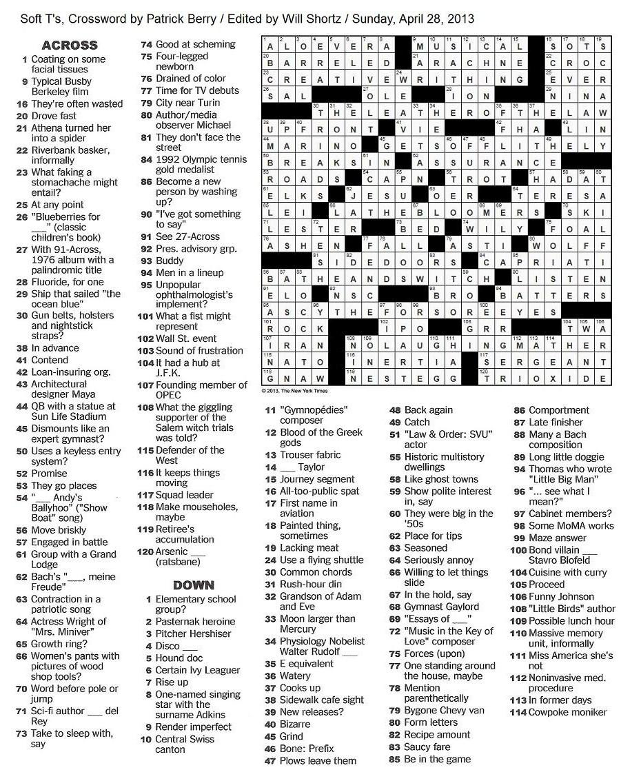 The New York Times Crossword In Gothic: April 2013 - La Times Printable Crossword 2014