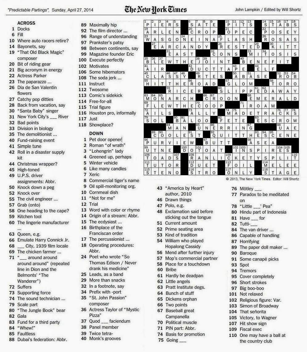 The New York Times Crossword In Gothic: April 2014 - La Times Printable Crossword 2015