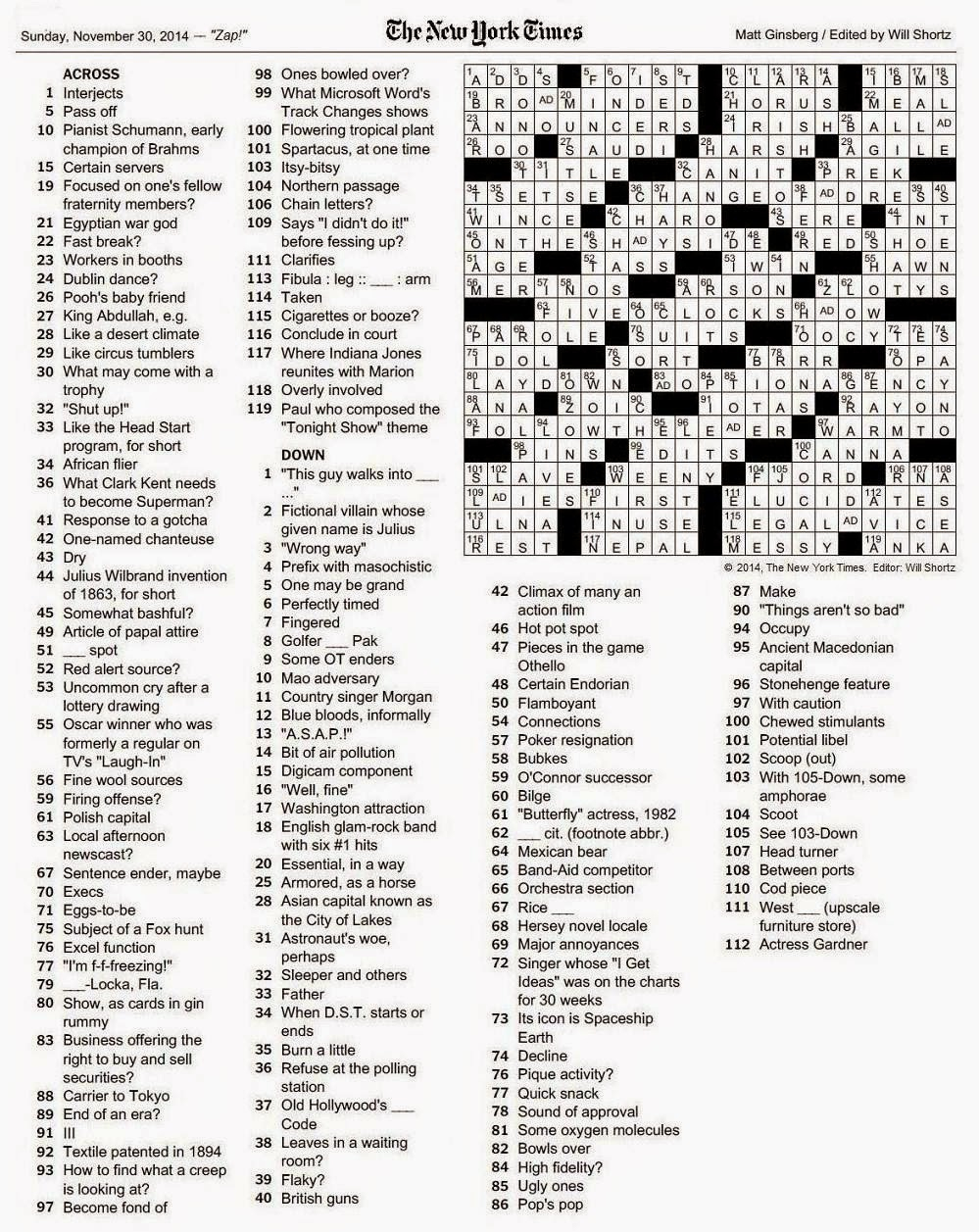 The New York Times Crossword In Gothic: November 2014 - Crossword Puzzles Printable 1980S