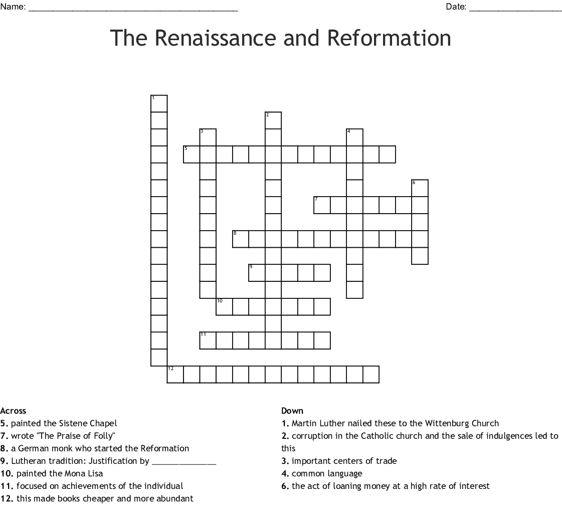 The Renaissance And Reformation Crossword - Wordmint - Renaissance Crossword Puzzle Printable
