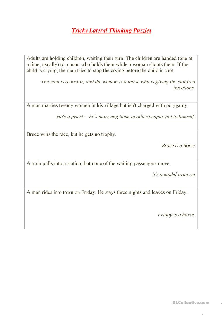 Tricky Lateral Thinking Puzzles Worksheet - Free Esl Printable - Printable Thinking Puzzles