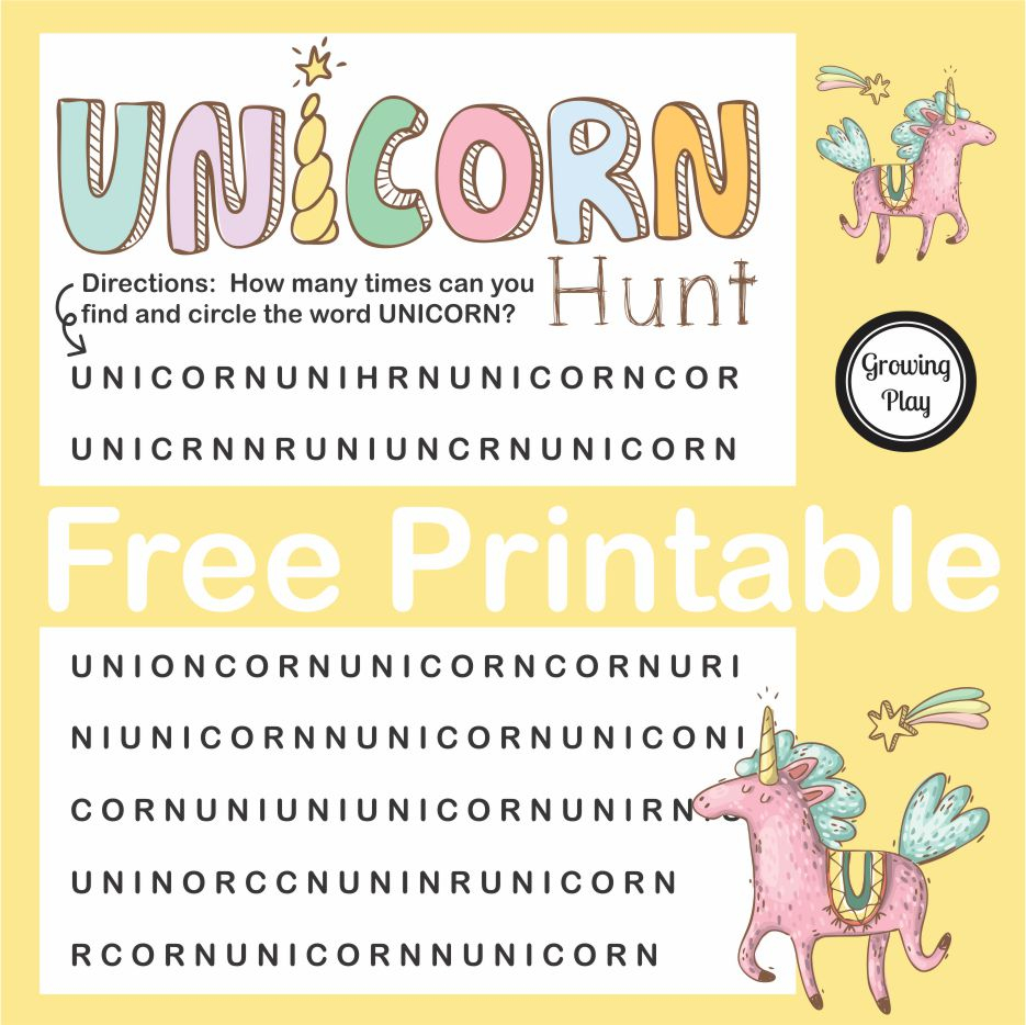 Unicorn Hunt Word Find Free Printable - Growing Play - Printable Unicorn Puzzle