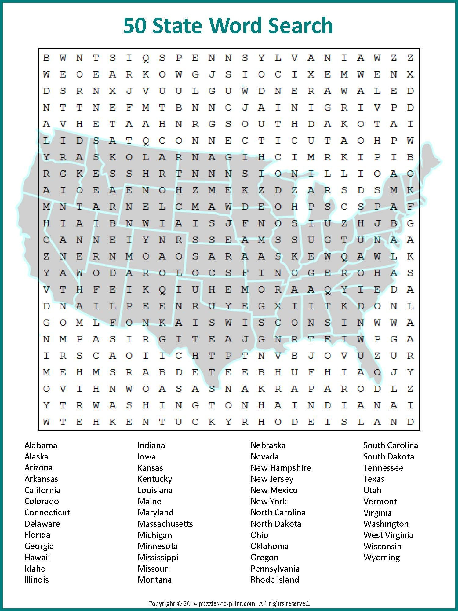 Us Geography Worksheet - All 50 States Word Search | Learning - 50 States Crossword Puzzle Printable