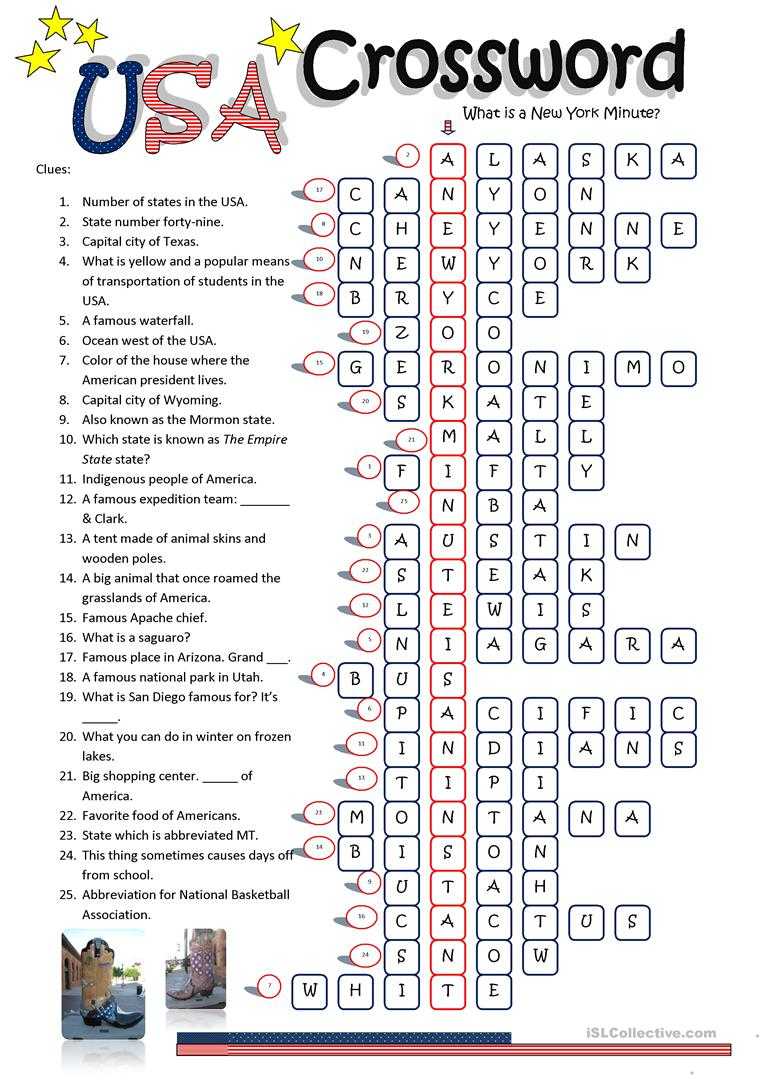 Usa Crossword (Key) Worksheet - Free Esl Printable Worksheets Made - Printable Usa Crossword