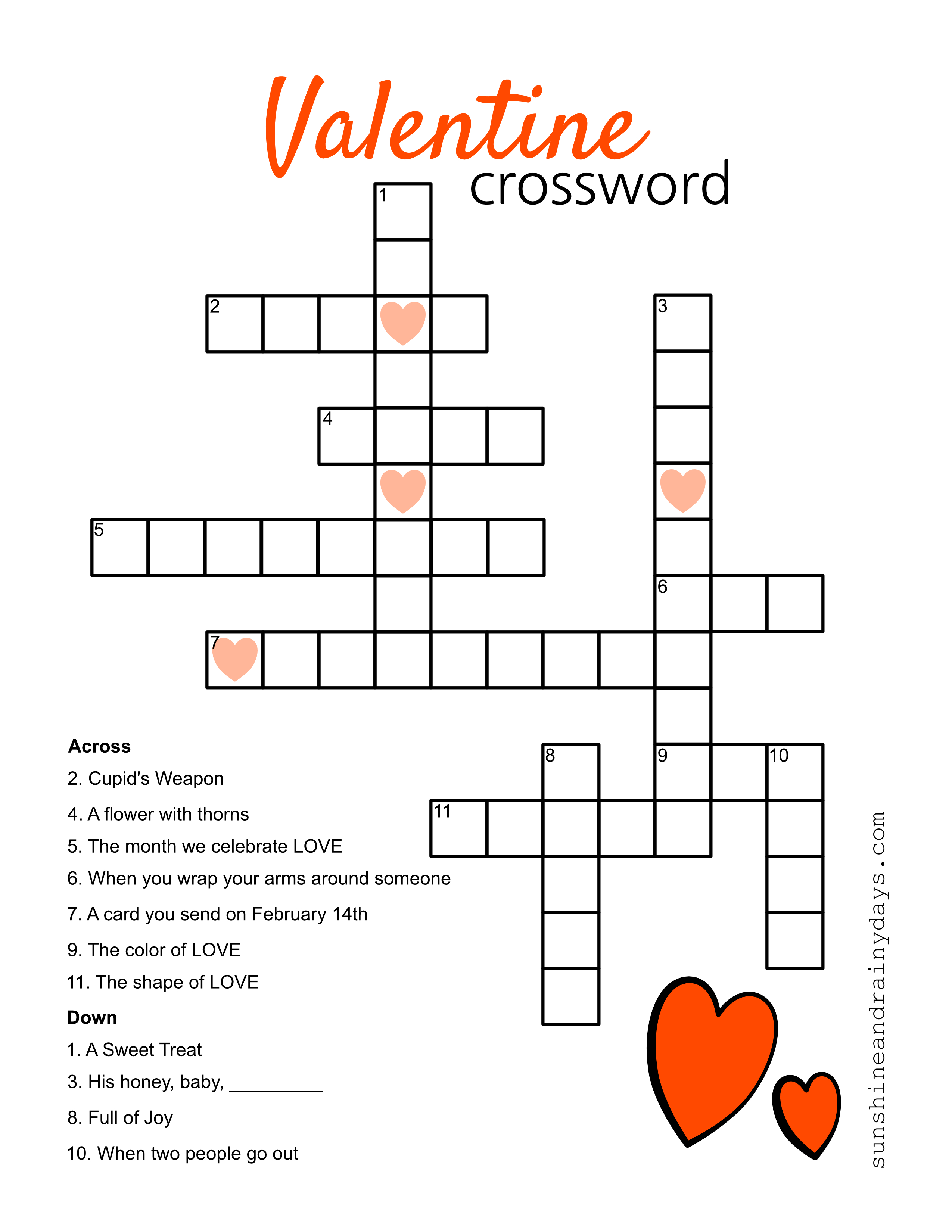 Valentine Crossword Puzzle - Sunshine And Rainy Days - Printable Valentine Crossword Puzzle