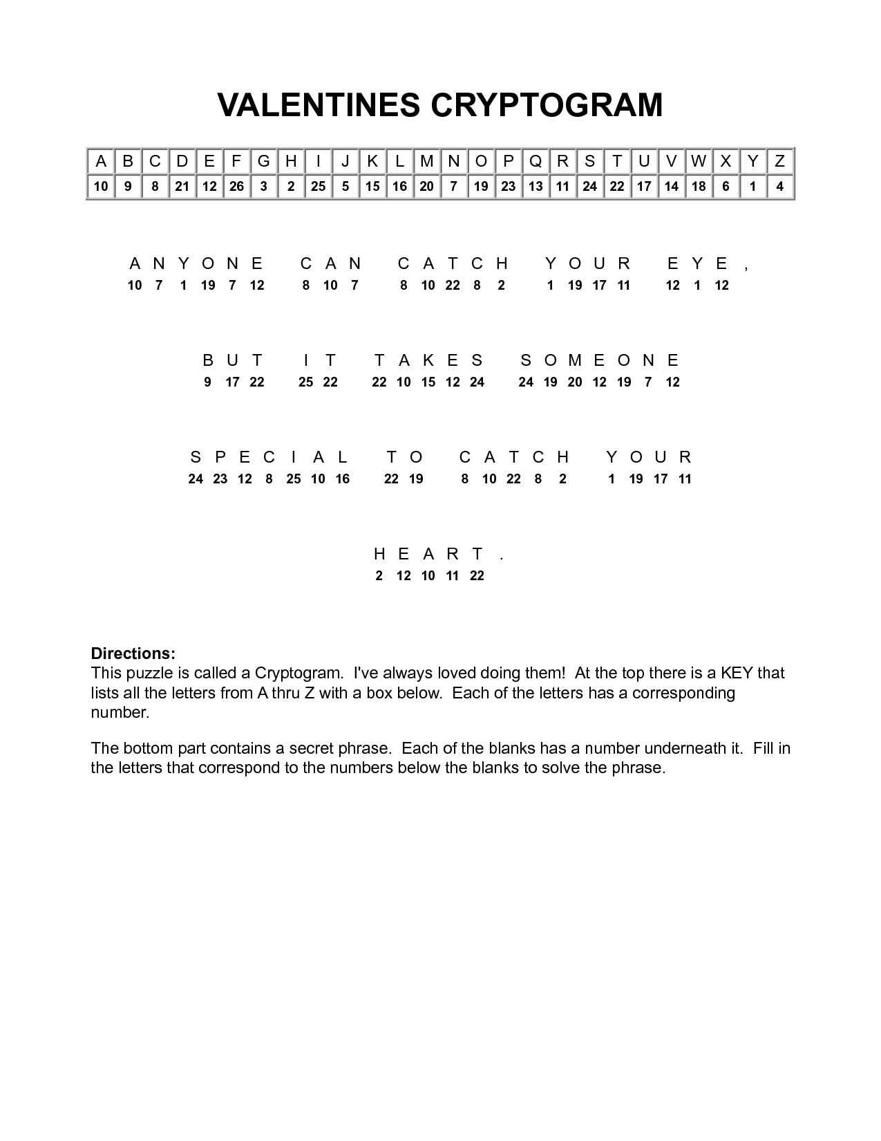 Valentine Cryptograms To Print | Valentines Cryptogram | Puzzles - Printable Puzzles Cryptograms